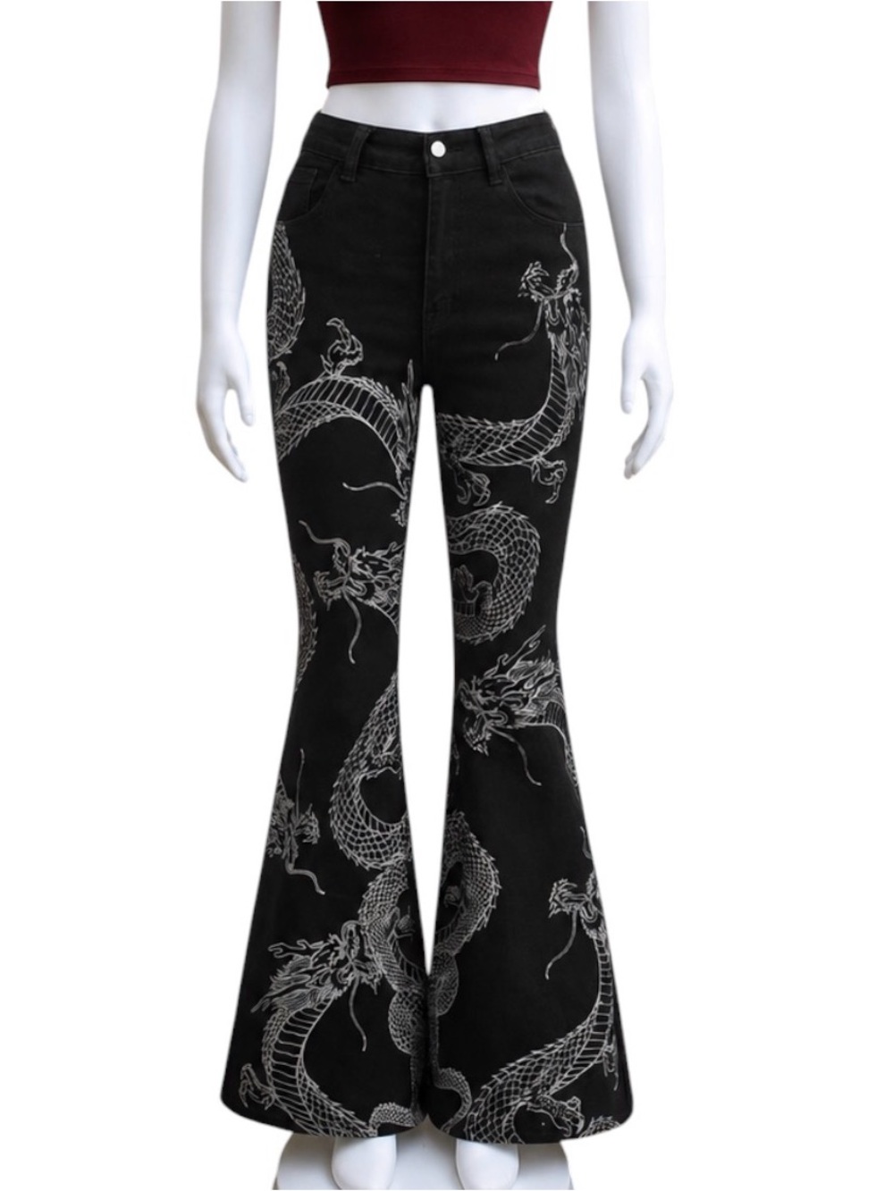 Romwe Discontinued Y2K Black denim Flared Jeans with Chinese dragon print -XS(2)